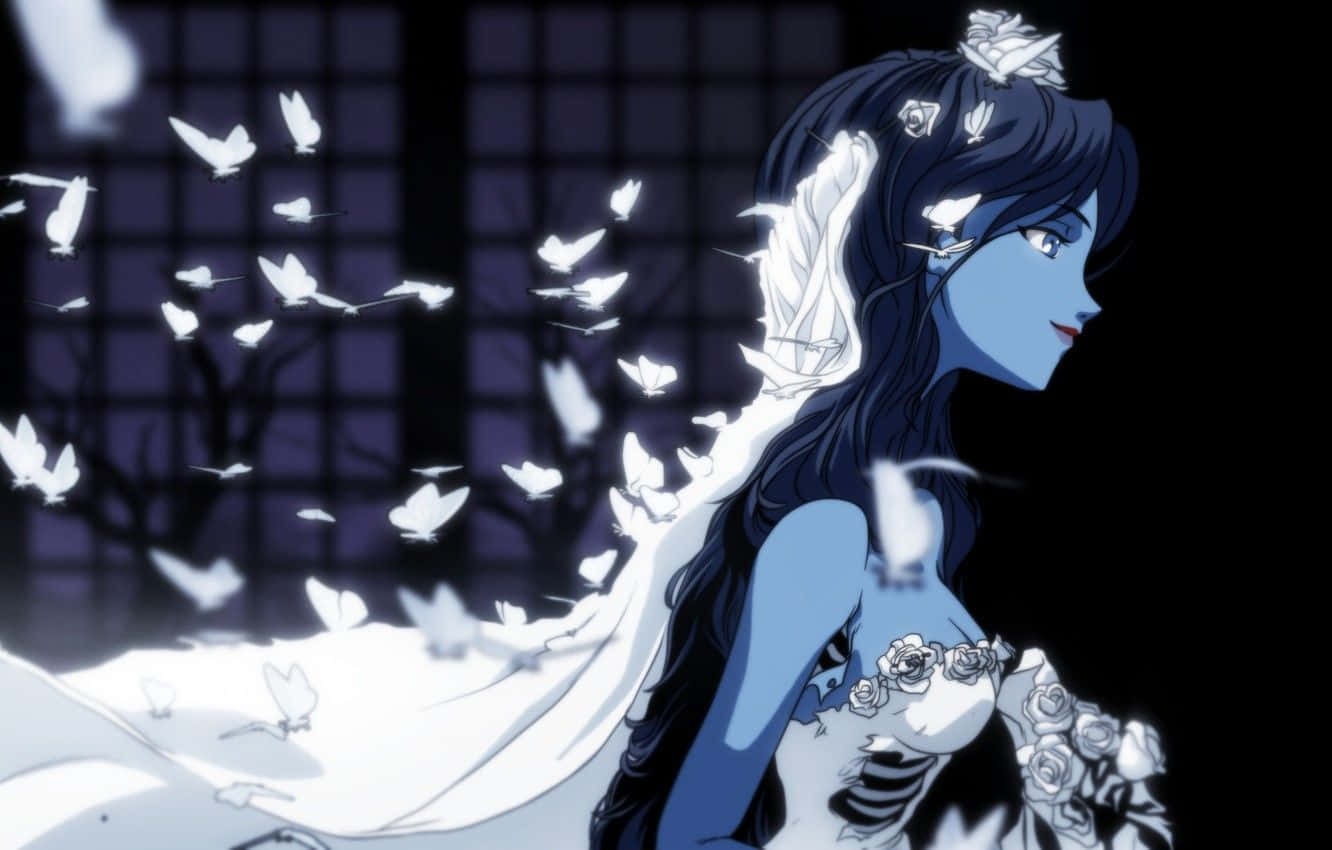 corpse bride 桌布 壁紙 — 藍皮膚的動漫新娘，白色蝴蝶在昏暗的窗戶房間中圍繞她飛舞。