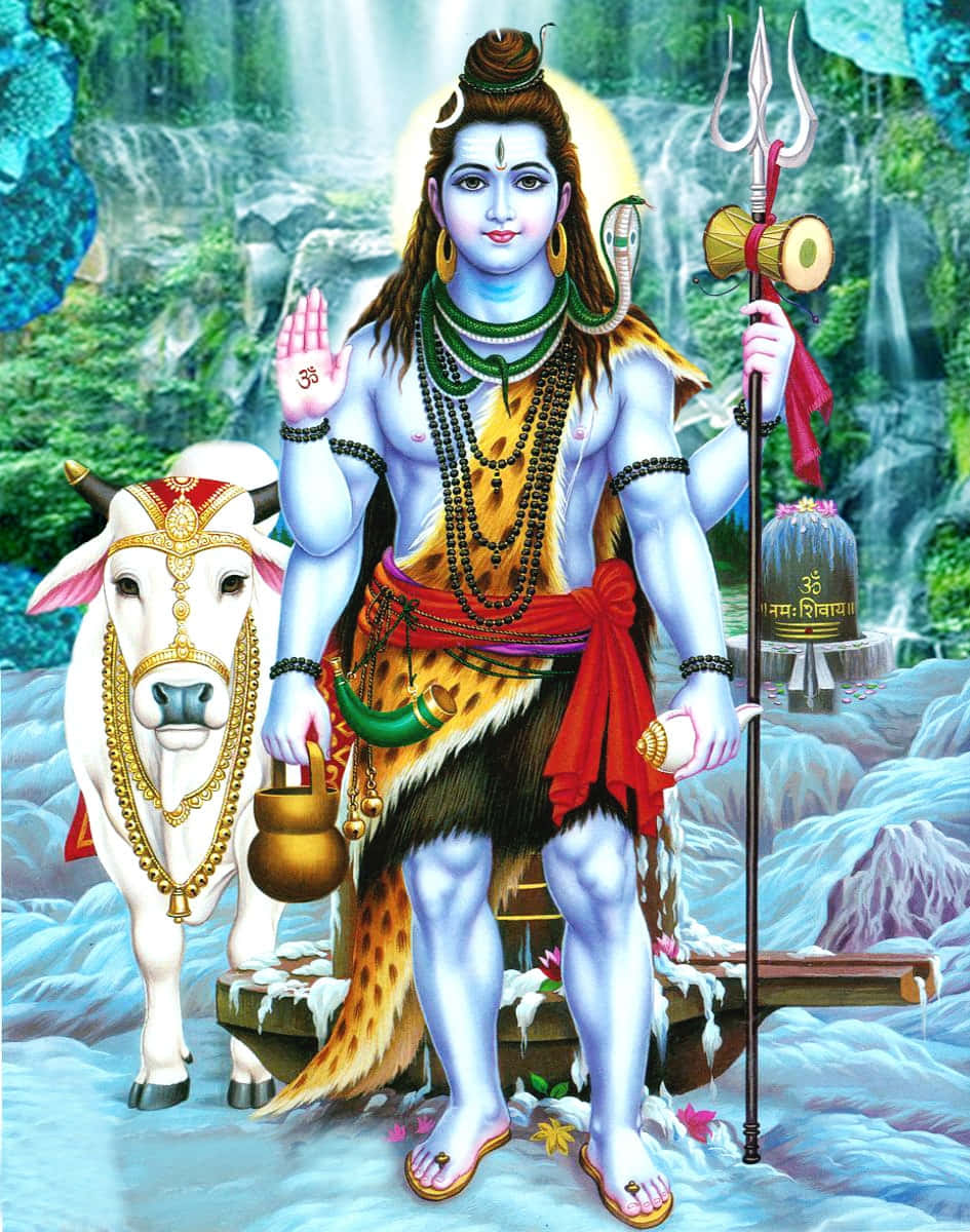 Mahadev 桌布 壁紙 — 藍皮膚的濕婆神平靜地站在一頭飾有珠寶的公牛旁邊，身處瀑布森林中，手持三叉戟和鼓。