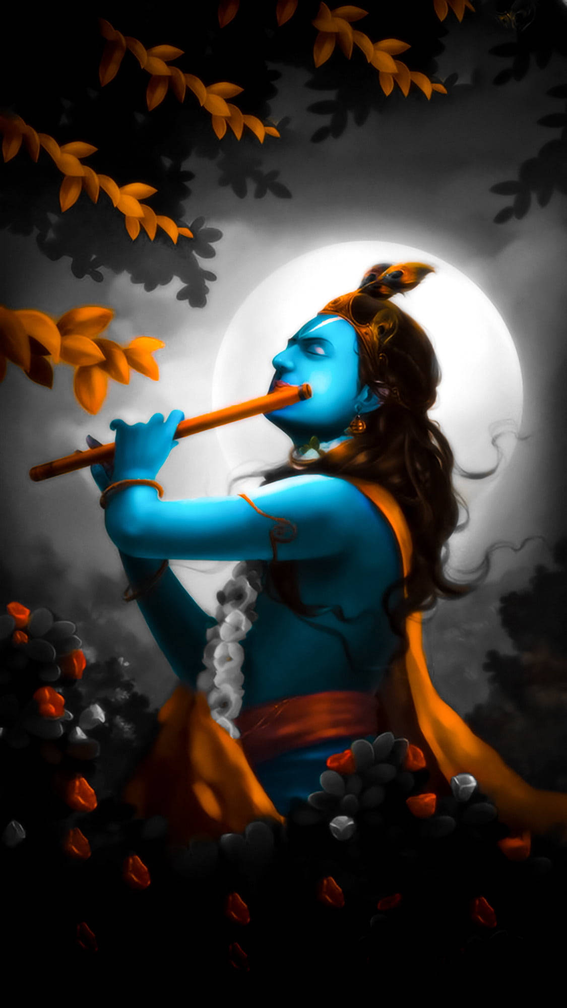 krishna 3d 桌布 壁紙 — 藍皮膚的神明在滿月下吹奏長笛，周圍有飄落的橙色樹葉和深色樹葉。