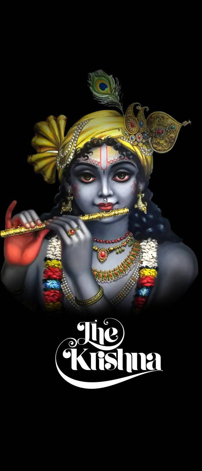 krishna iPhone 桌布 壁紙 — 藍皮膚的神聖人物克里希納在黑色背景下吹奏裝飾有孔雀羽毛和珠寶的長笛。