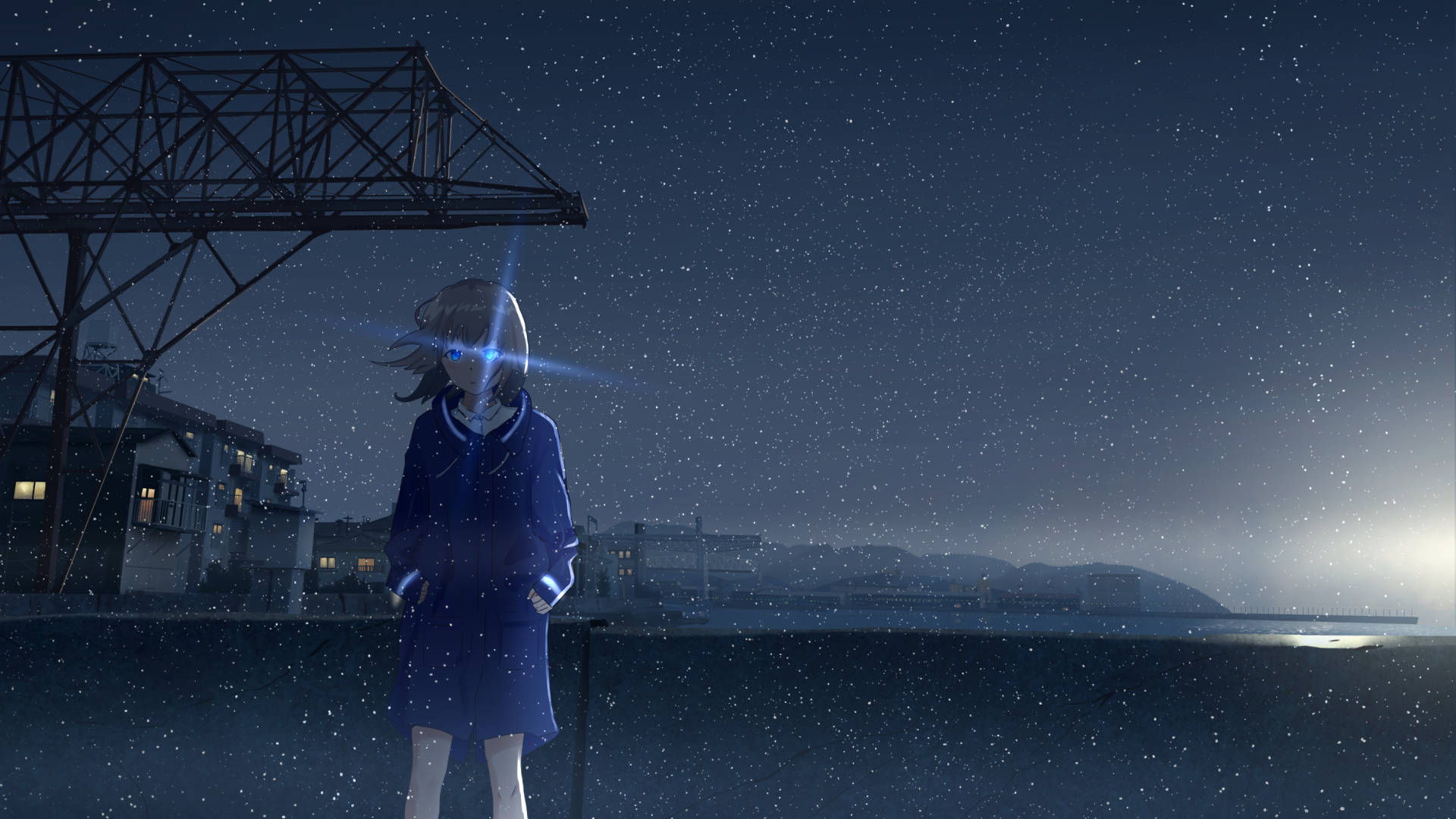 藍外套動漫女孩，夜晚在沿海起重機附近星空下。