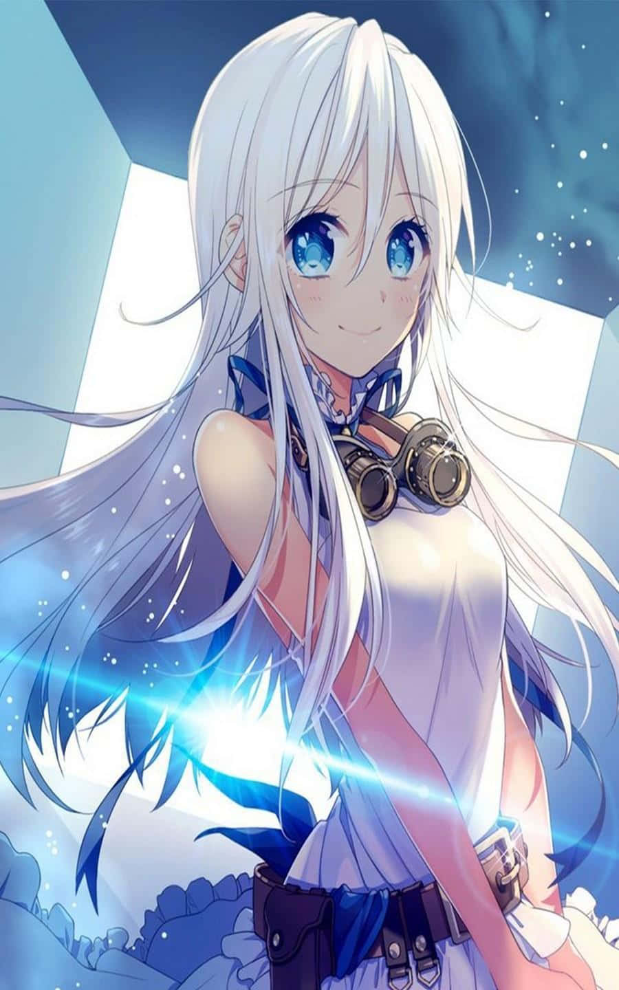 動畫女孩，白髮藍眼，戴著護目鏡和發光藍光。