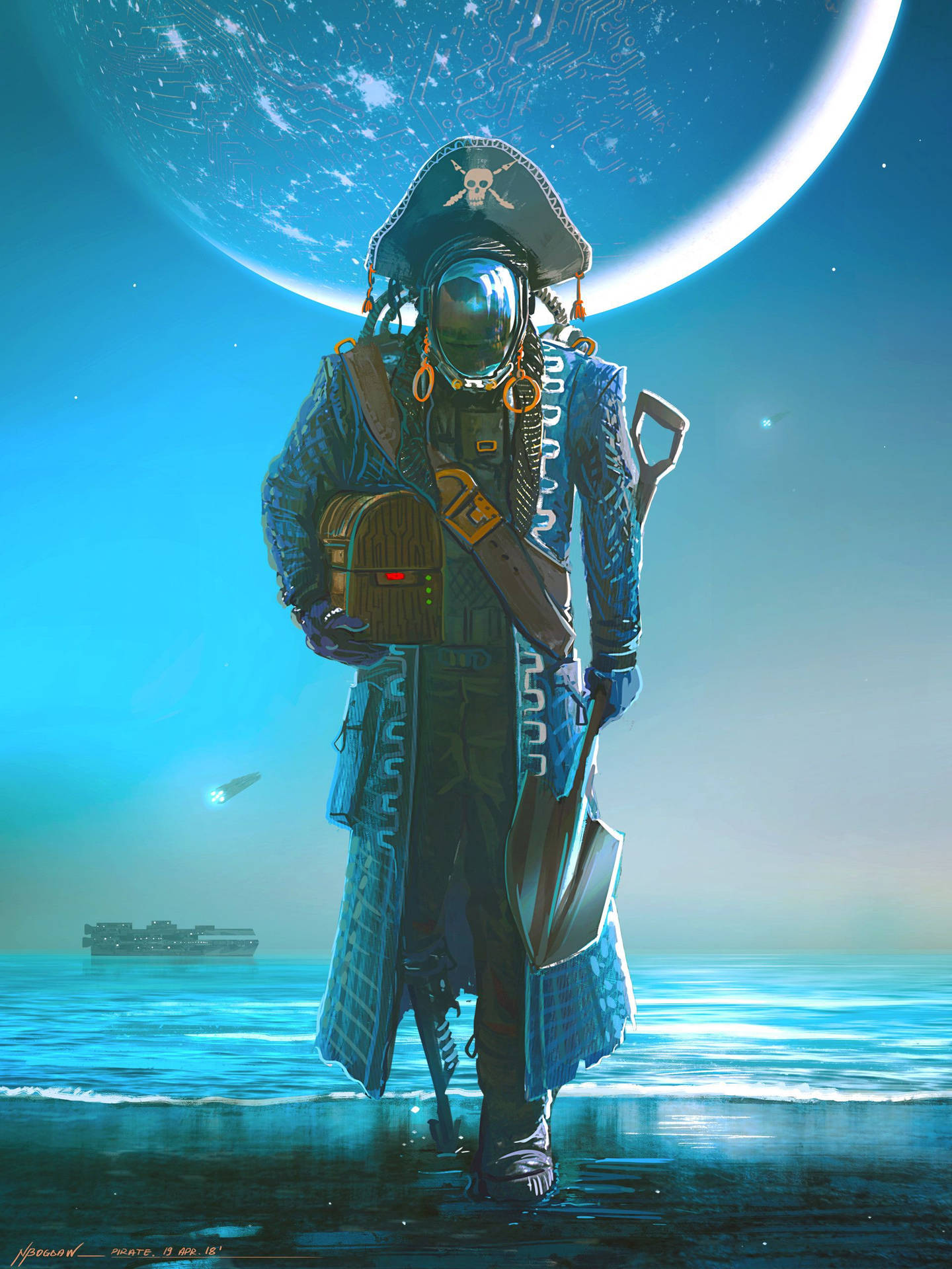未來海盜穿著太空裝備，站在發光的外星海灘上，月亮發光。