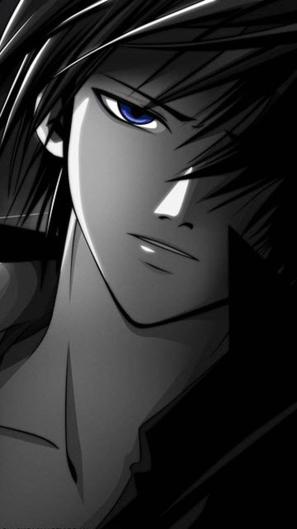 藍眼碎髮的黑白動漫男孩 壁紙 — 一個戲劇性的動畫肖像，描繪一位年輕男子，擁有引人注目的藍色眼睛和深色頭髮，採用高對比度的單色調。