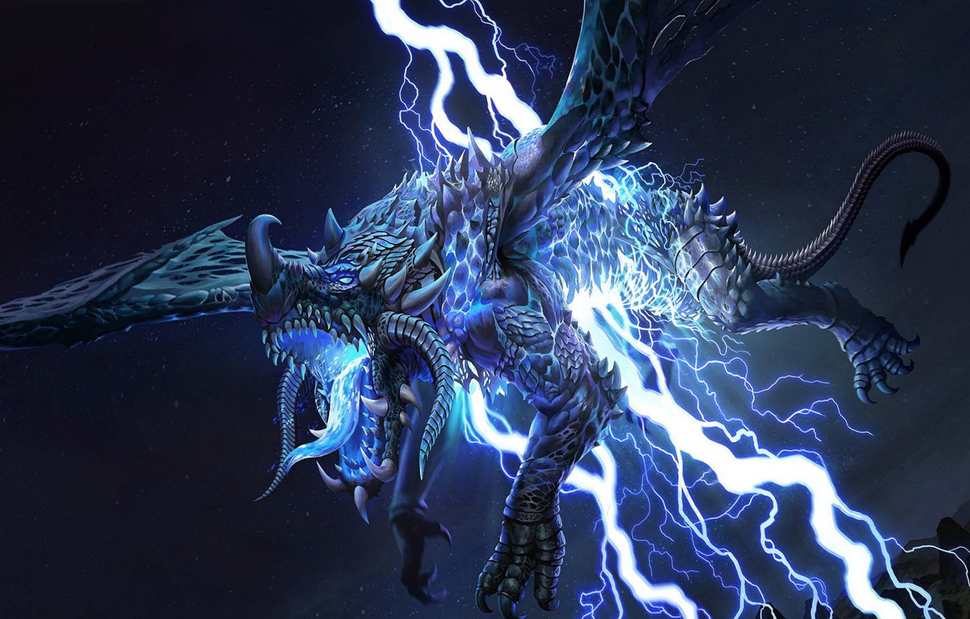藍眼雷龍 壁紙 — 一條雄偉的藍色閃電龍在繁星點點的夜空中翱翔，噼啪作響的電能流經其身體。