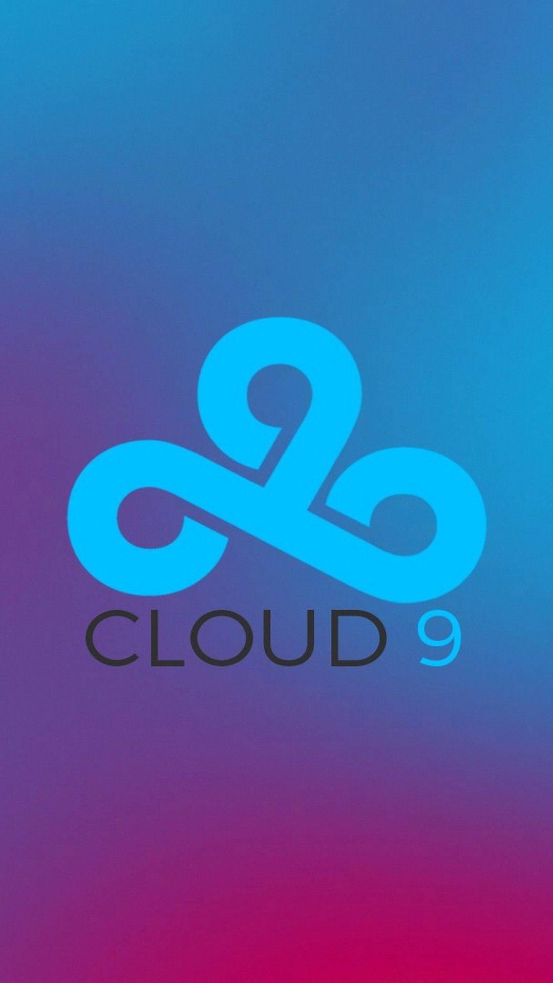藍粉 Cloud9 標誌 壁紙 — 一個發光的藍色雲朵標誌，中央帶有 'CLOUD 9' 文字，背景為從藍色漸變至洋紅色的鮮豔漸層。