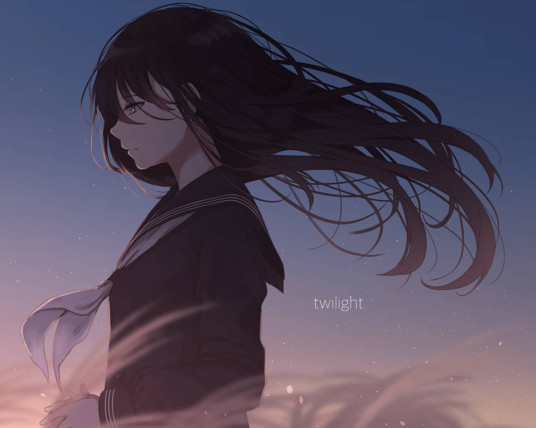 穿著水手服的動漫女孩在暮色中頭髮飄動。