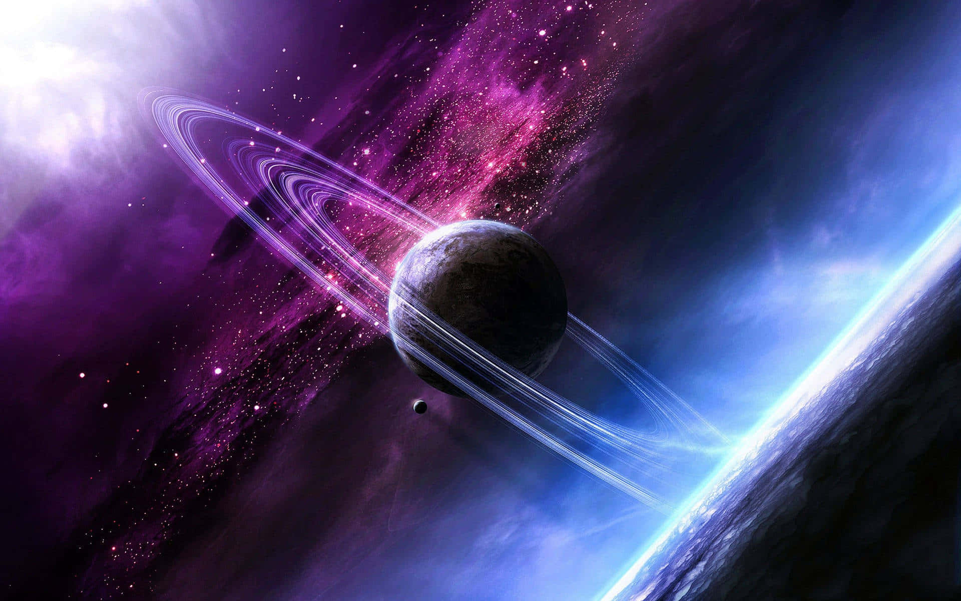 藍粉星系中的土星天文學 壁紙 — 一顆壯麗的環狀行星在紫色星雲和星場的鮮豔宇宙背景下發光。