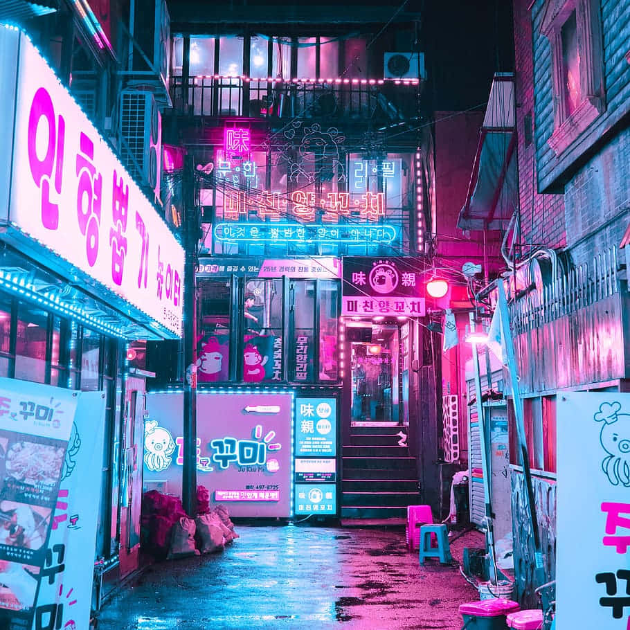 鮮豔的霓虹招牌照亮了夜晚濕漉漉的城市小巷。