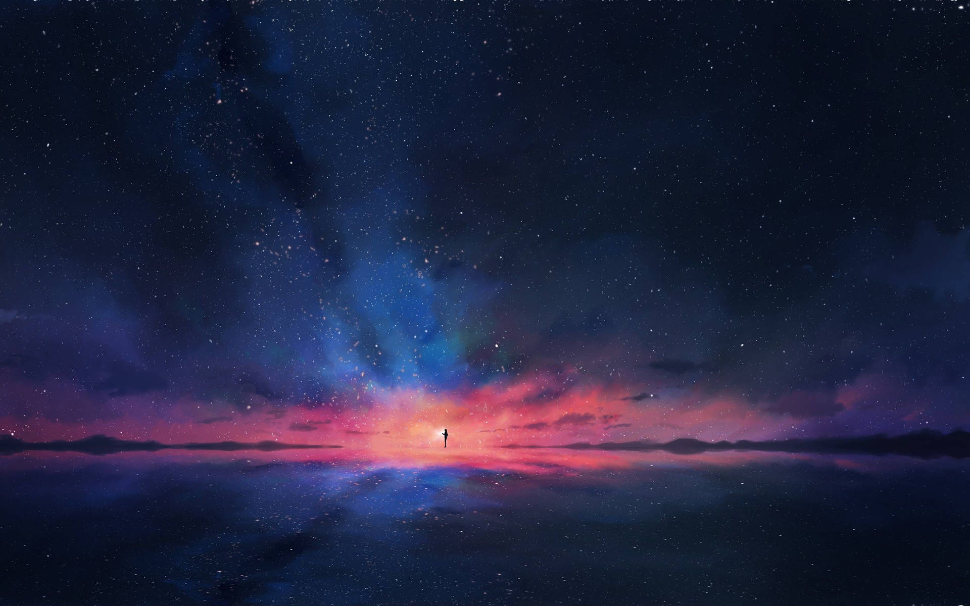 一個孤獨的人站在霧氣瀰漫的地平線上，下方是星光燦爛的宇宙天空。