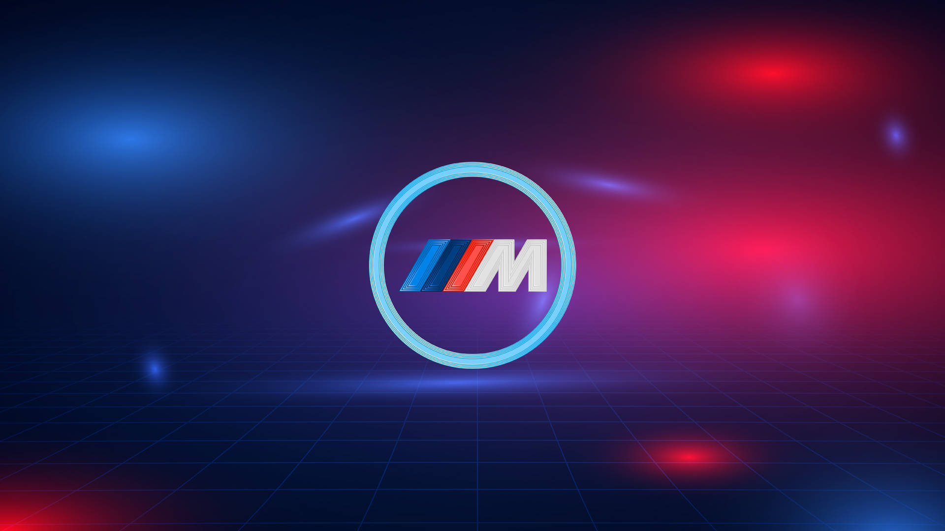 BMW M標誌在霓虹網格背景上發光。