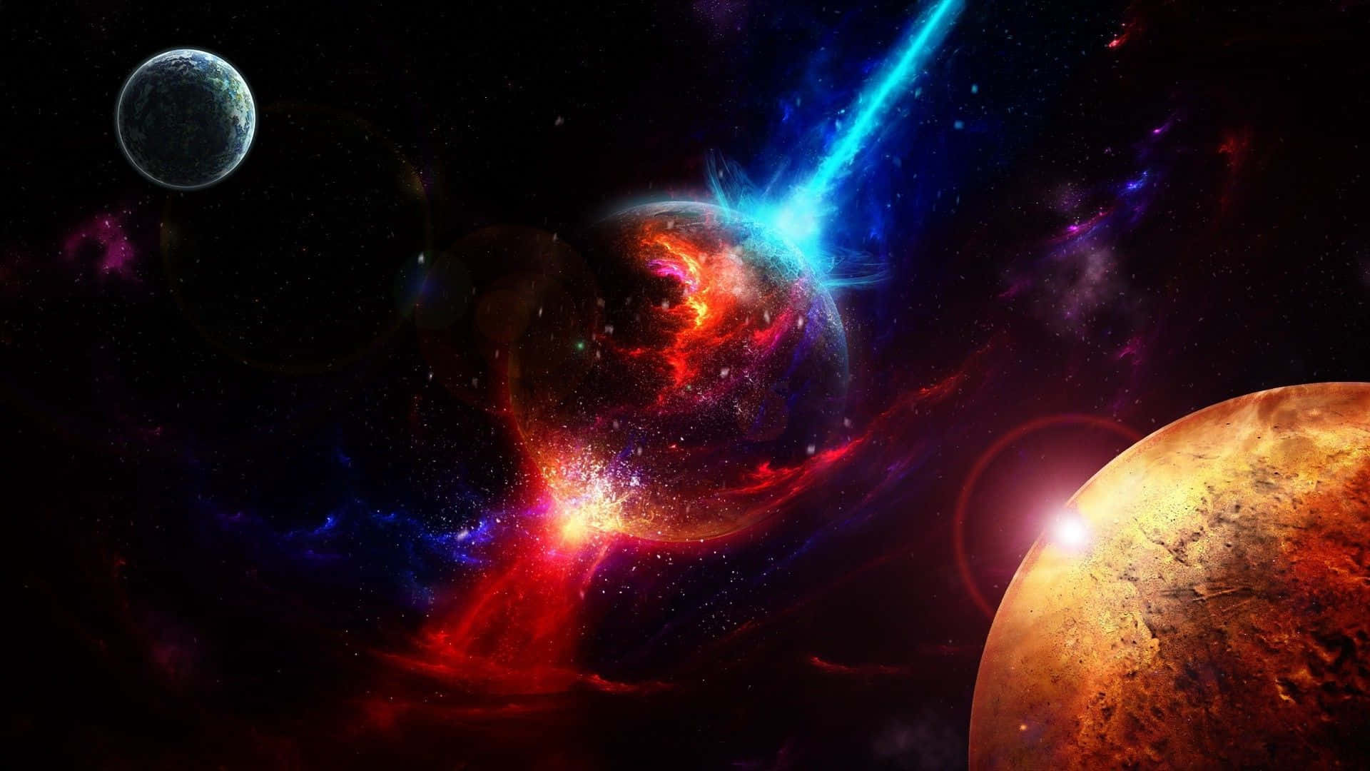 在充滿恆星的虛空中，行星之間的宇宙爆炸。