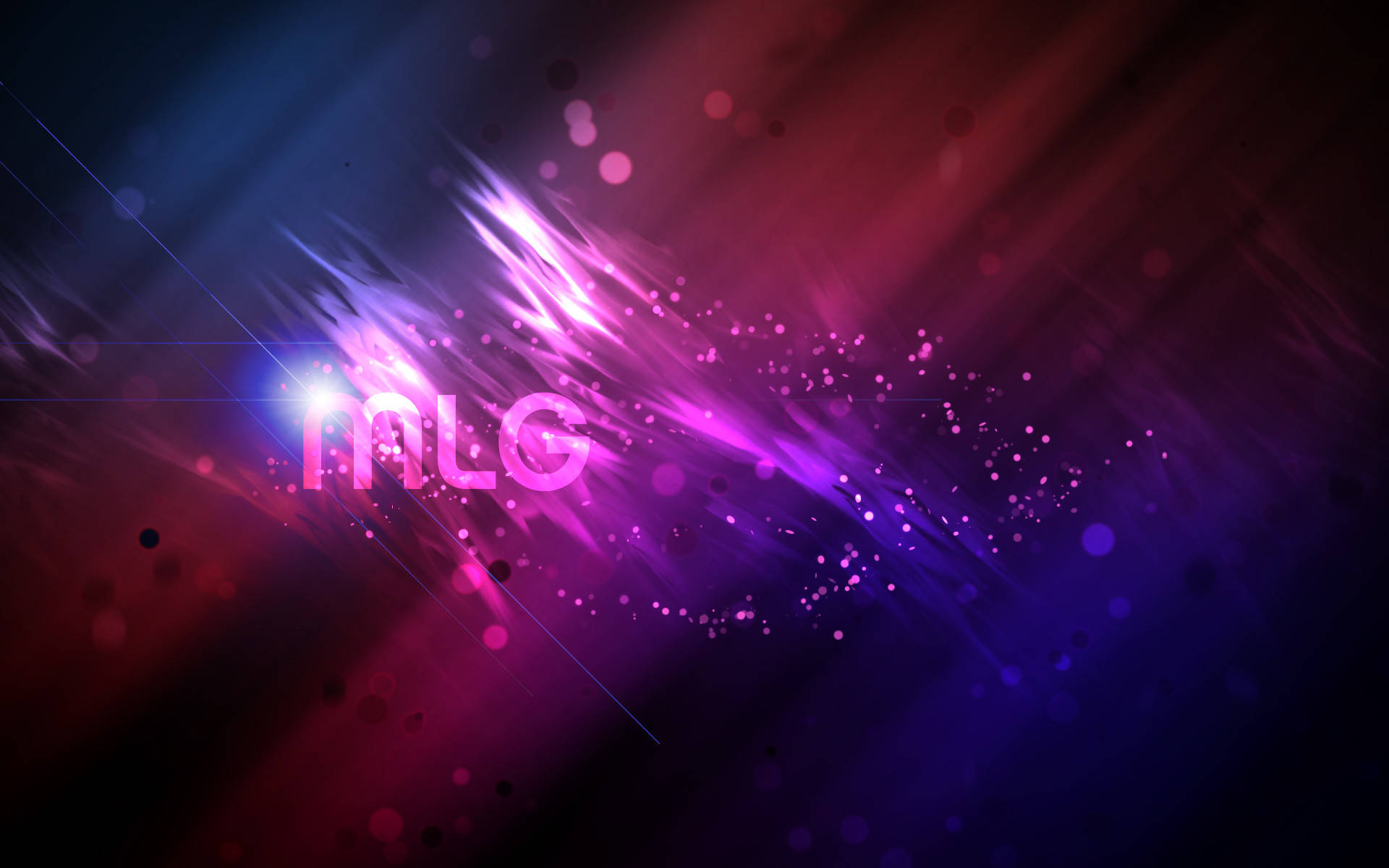 藍紅紫閃耀MLG 壁紙 — 鮮豔的紫色和粉紅色能量爆發從發光的MLG文字中輻射出來，背景是帶有散景燈光的深色抽象背景。