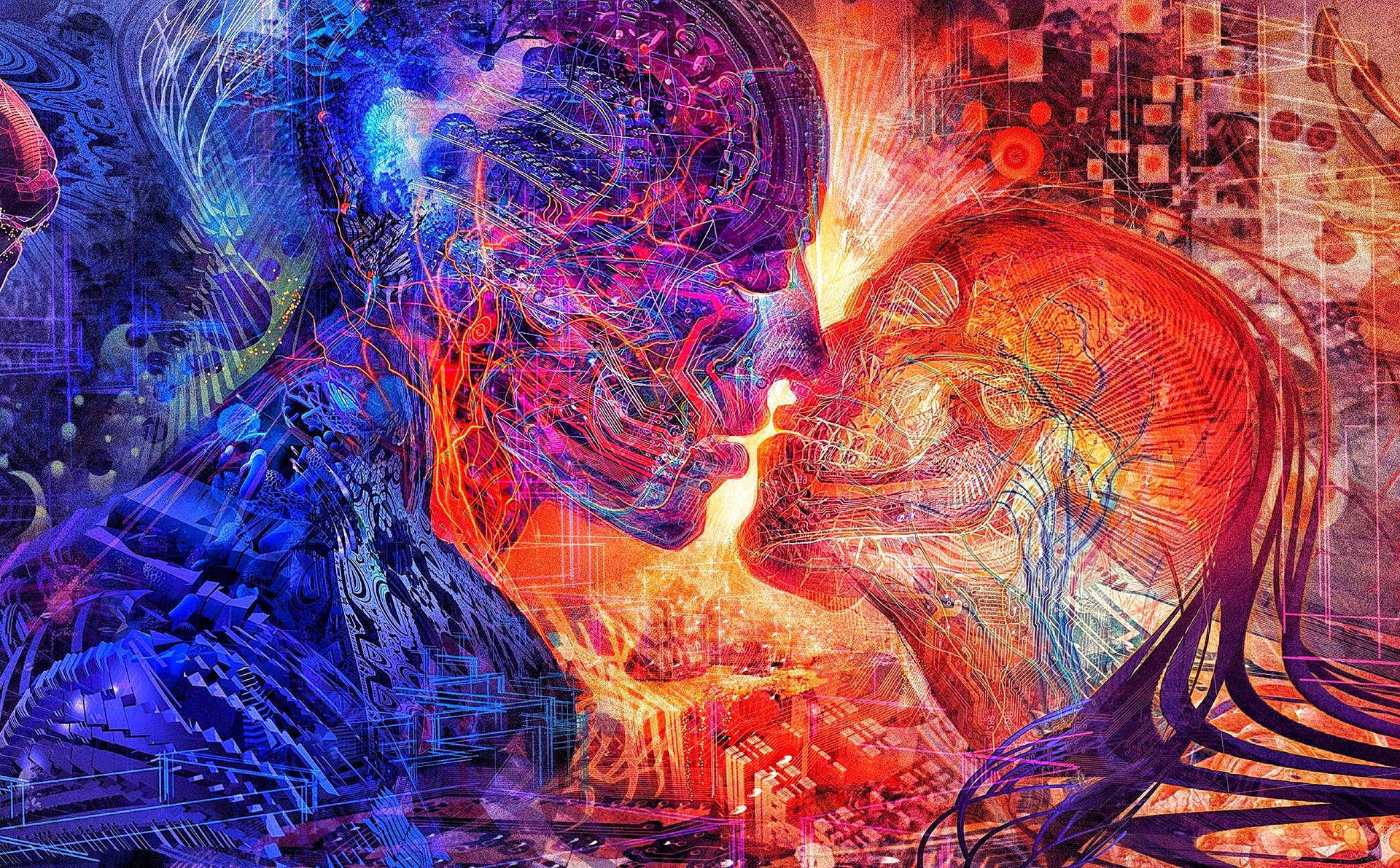 兩個發光的控制論人物在數字抽象場景中接吻。