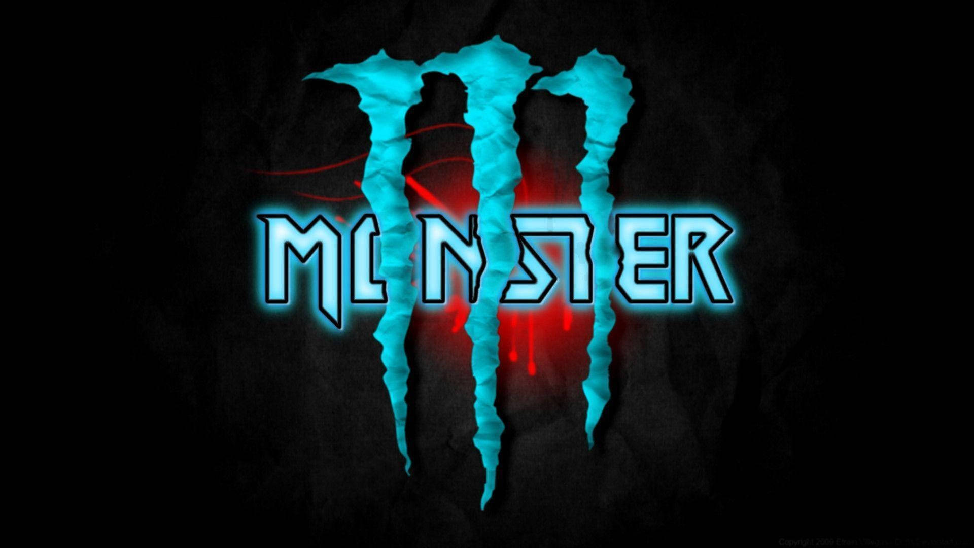 藍紅配色Monster Energy標誌 壁紙 — 發光藍色Monster Energy標誌帶紅色點綴撕裂深色布料紋理。