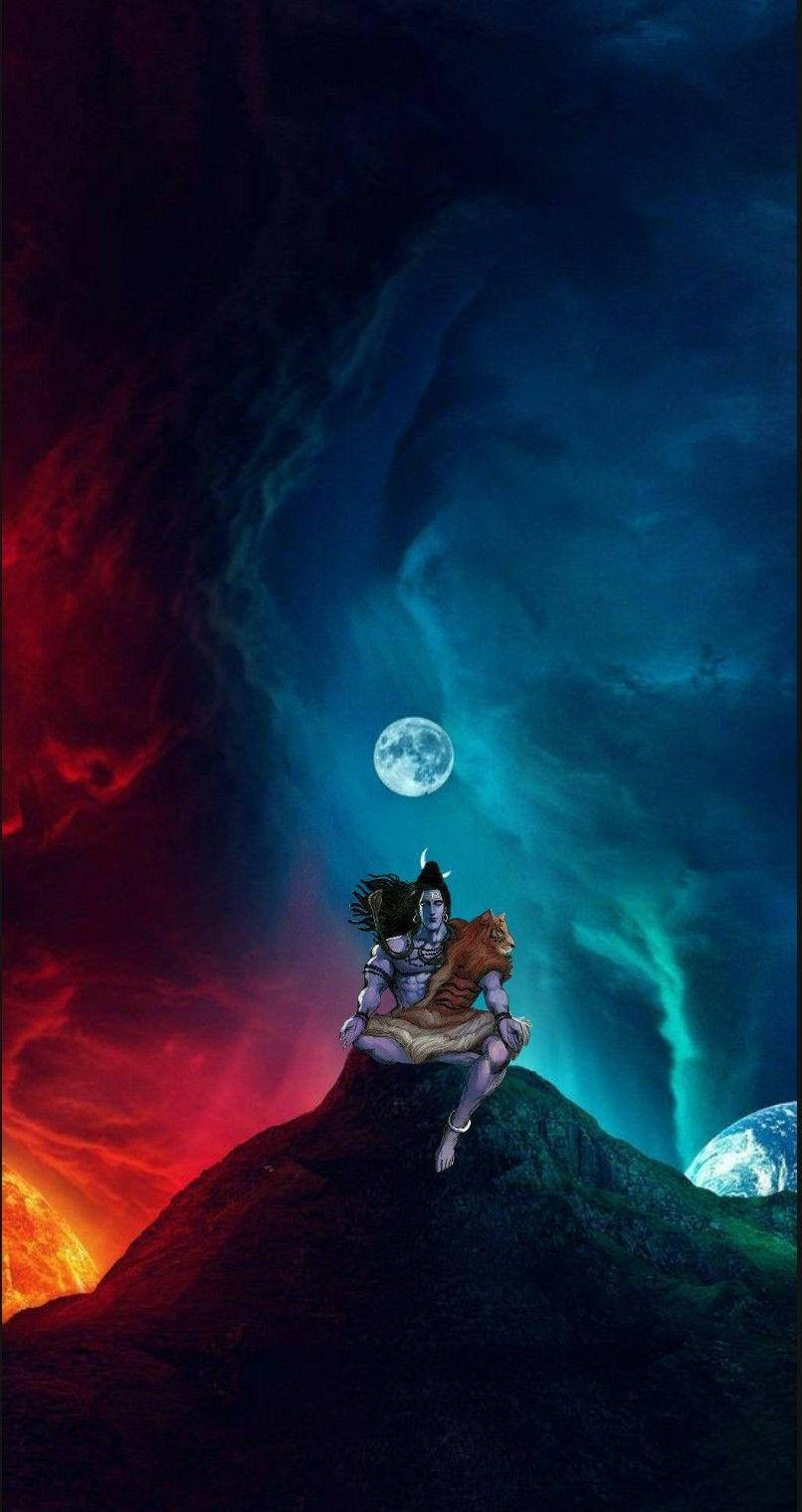 神聖人物在山頂上，在發光的月亮下，對著宇宙的紅色和藍色天空冥想。