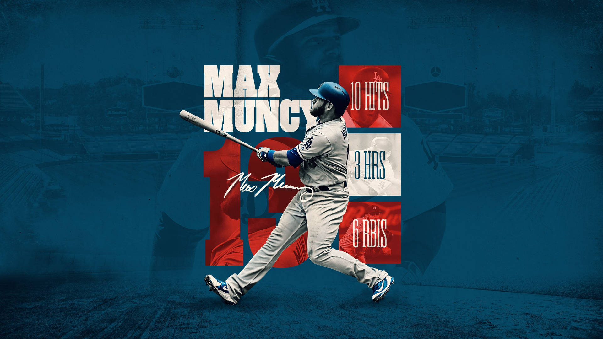 棒球手 Max Muncy 揮動球棒，顯示比賽統計數據。