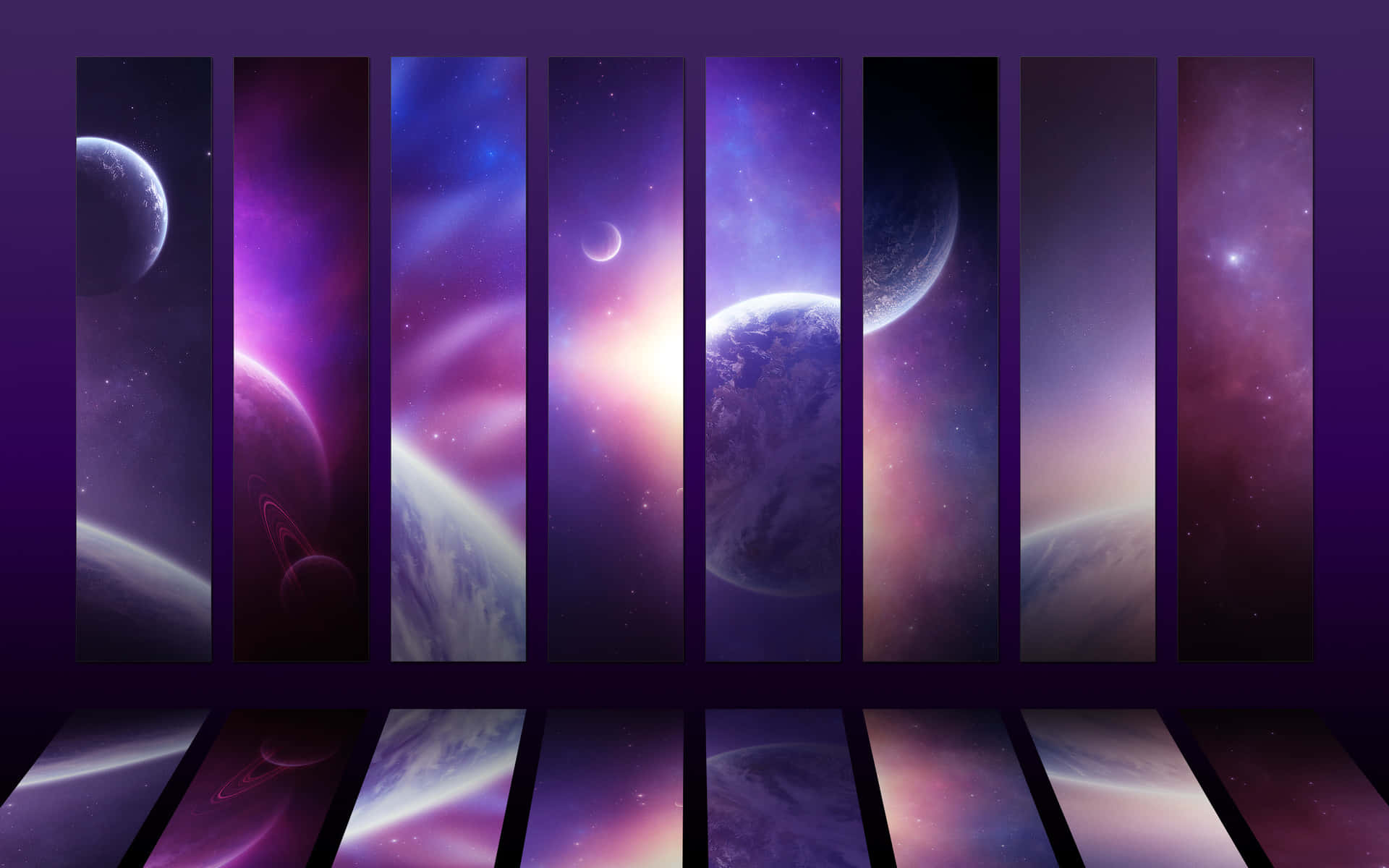 垂直面板展示色彩繽紛的太空場景，包含行星和恆星，呈現紫色和粉紅色調。