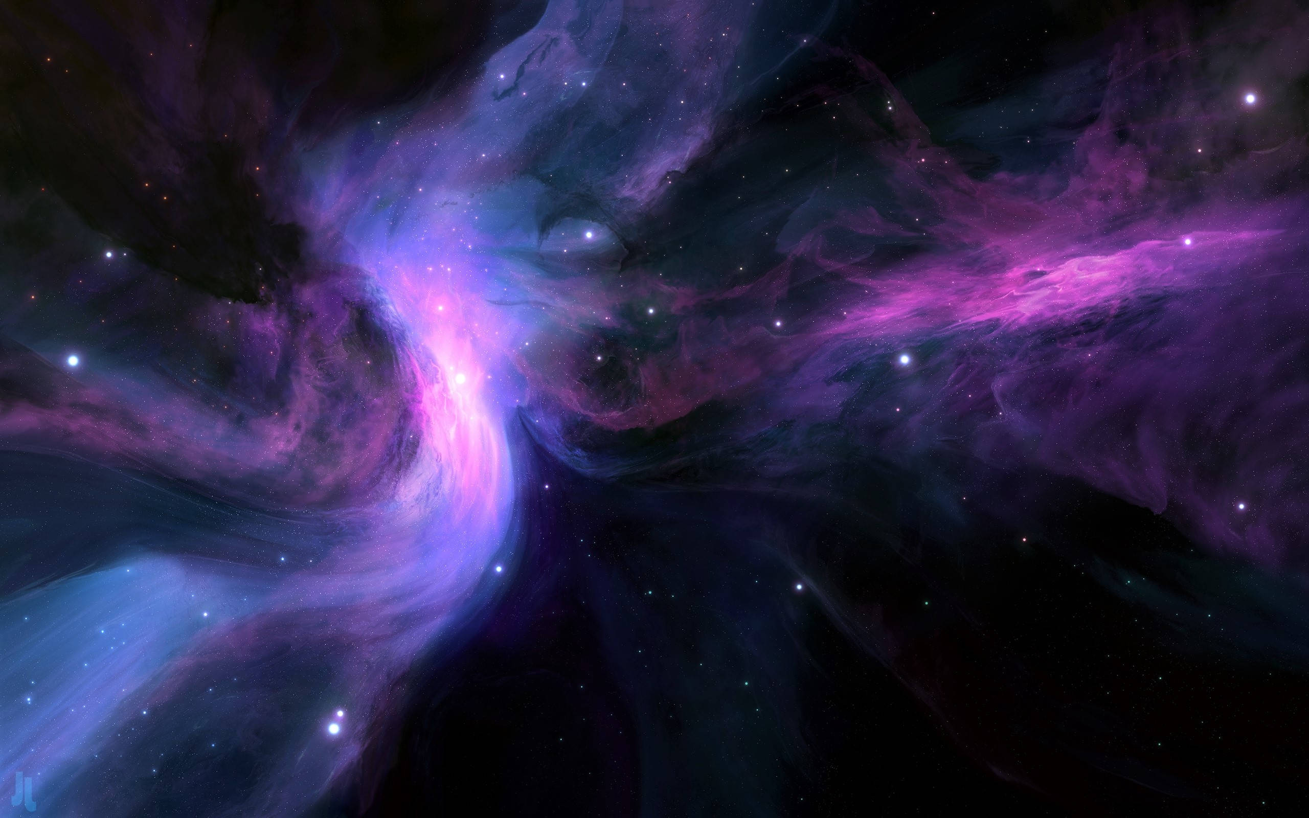 藍紫星系對比深空 壁紙 — 充滿活力的紫色和藍色宇宙星雲在黑暗虛空中旋轉，伴隨著發光的星星。