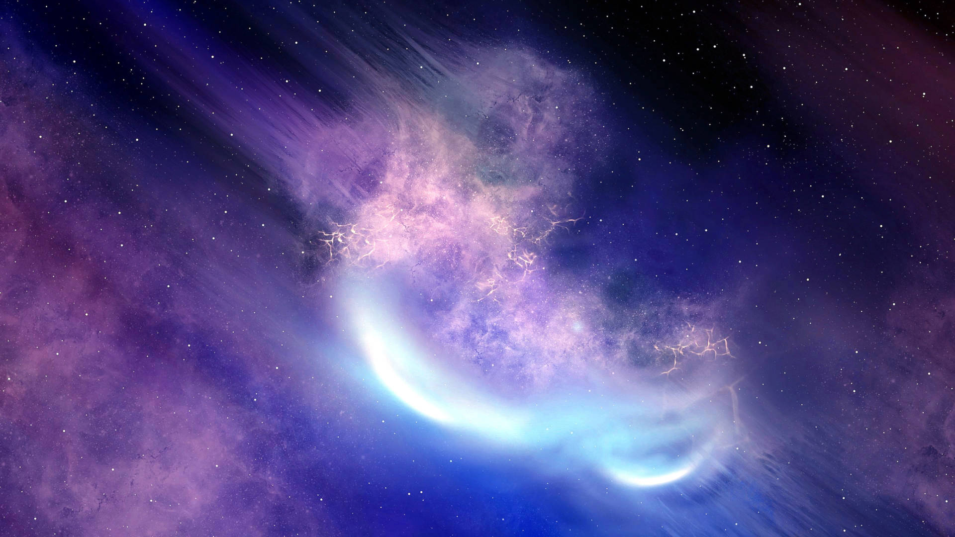 藍紫星系背景的星雲 壁紙 — 宇宙星雲在繁星背景下以鮮豔的紫色和藍色旋轉，並伴有發光的閃電。