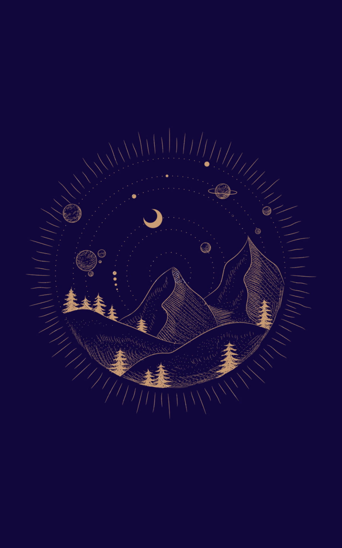 金色線條畫，描繪山脈和樹木，背景為繁星點點的夜空，上有行星和月亮。