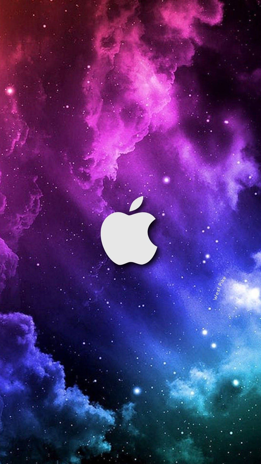 Apple標誌位於色彩繽紛的宇宙星雲中央，伴有星星。