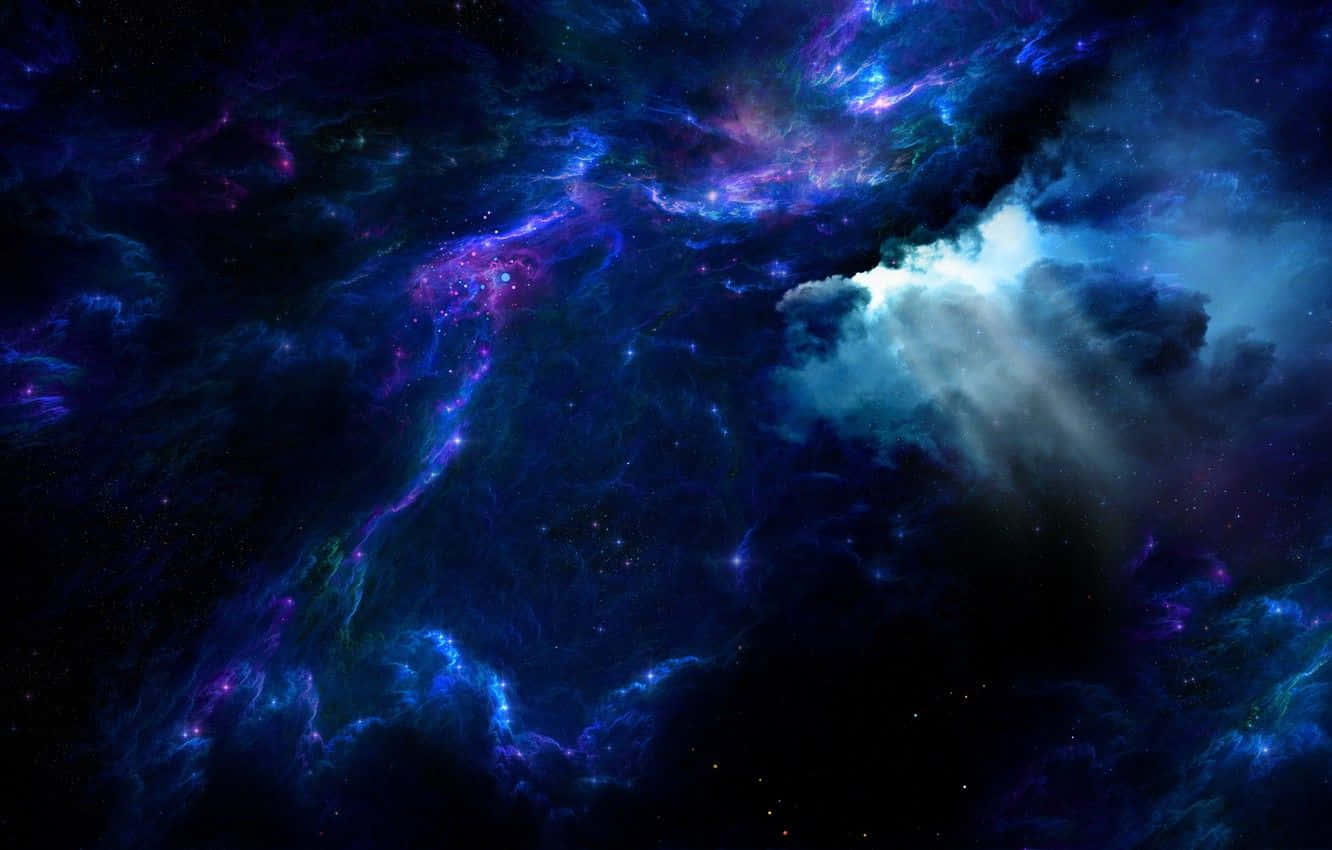 充滿活力的宇宙星雲，帶有旋轉的藍色、紫色和粉色雲朵，背景是星空。