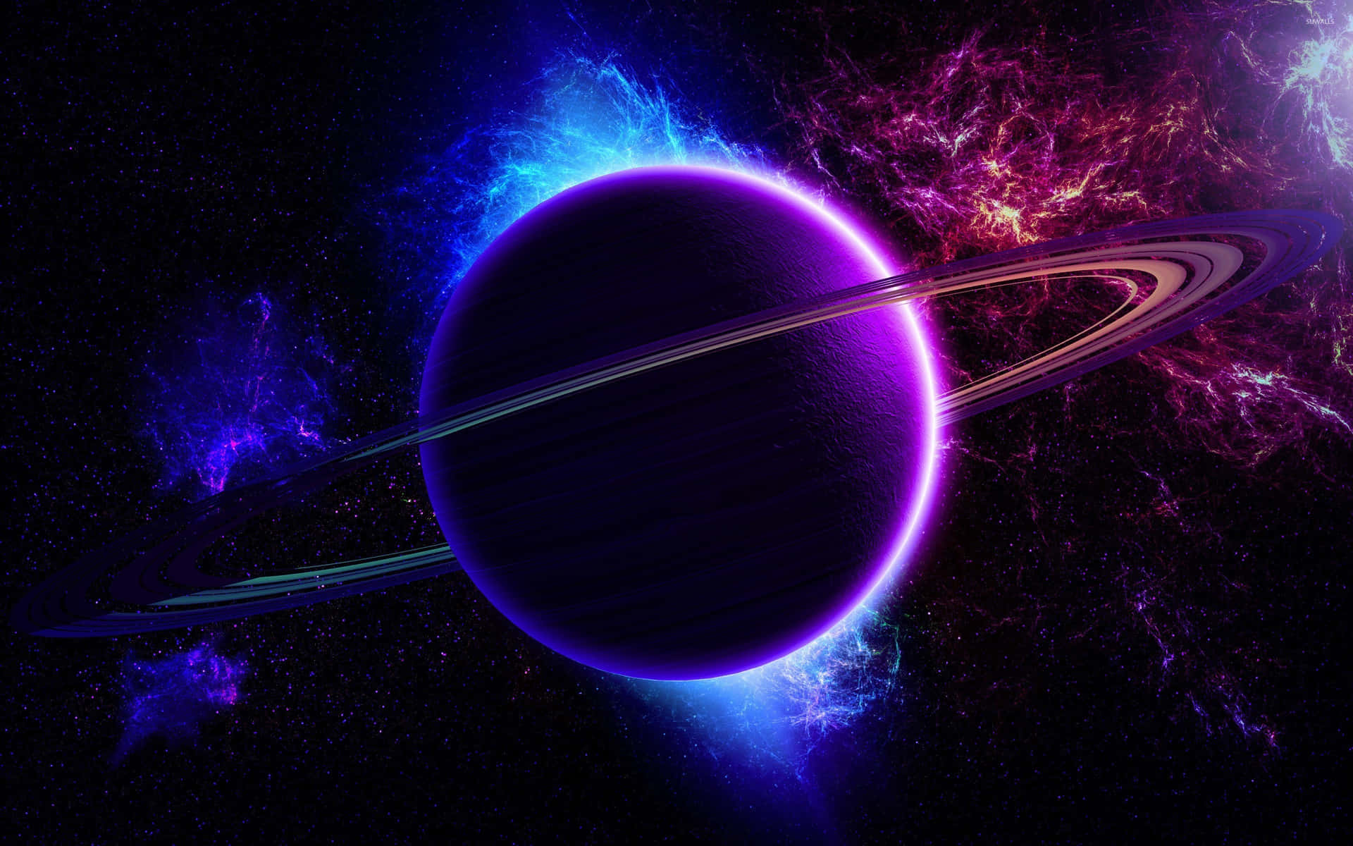 在深空中被發光宇宙星雲環繞的紫色環狀行星。