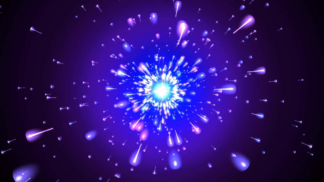 藍紫色爆炸光效 壁紙 — 在黑暗背景中，帶有發光粒子的藍色和紫色燦爛宇宙爆炸向外輻射。