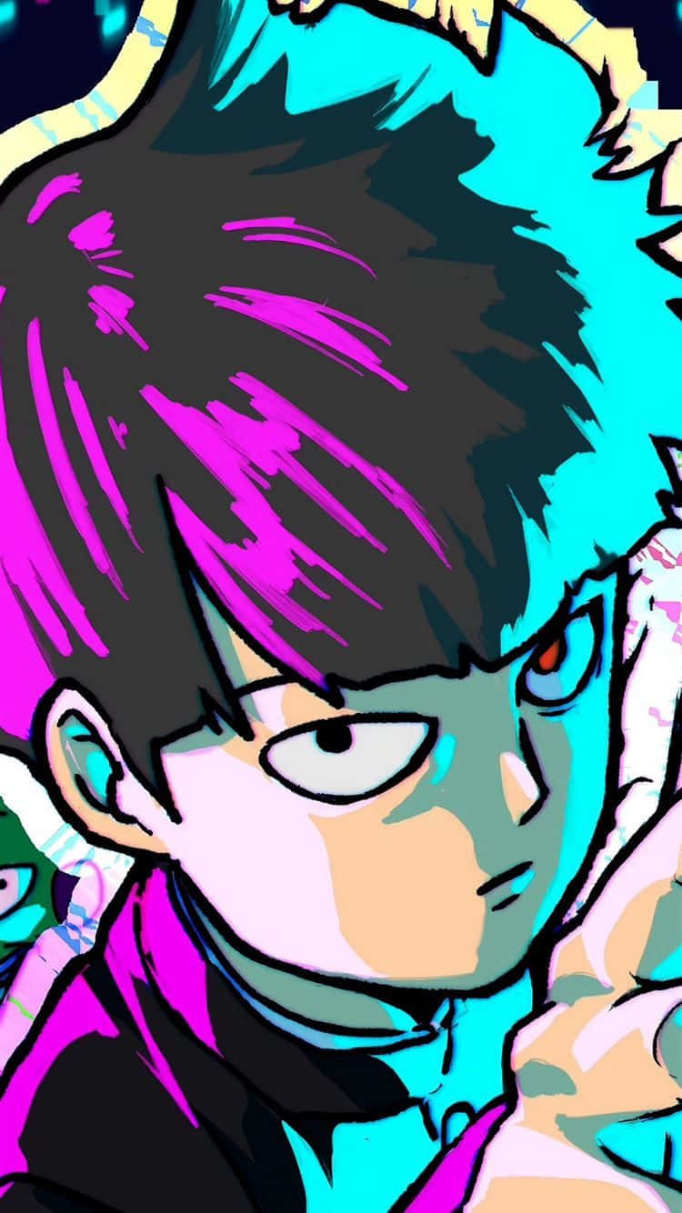 藍紫調《路人女主》iPhone 壁紙 — 一個風格化的動漫角色，擁有帶有洋紅色和青色條紋的尖刺黑髮、銳利的眼睛和堅定的表情。