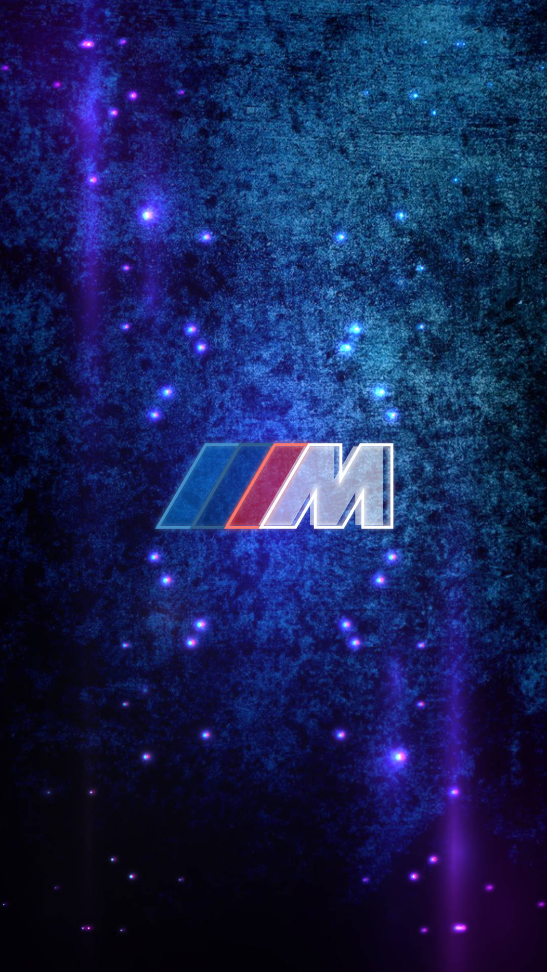 BMW M標誌在宇宙藍紫色星空背景上發光，帶有光線條紋。