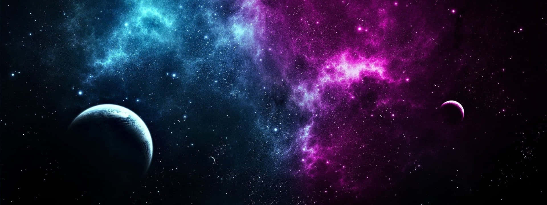 兩顆行星在色彩繽紛的宇宙雲和星星之間運行。