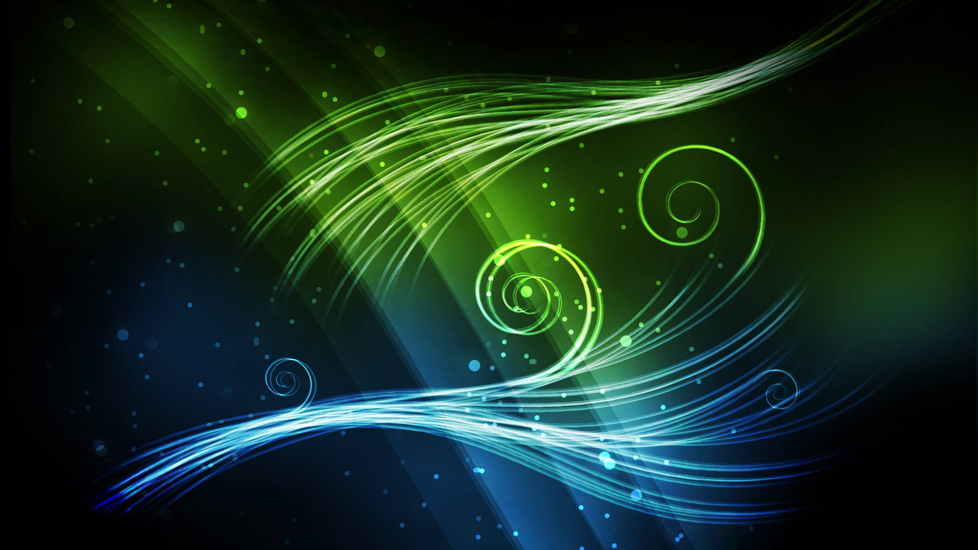 藍綠抽象 壁紙 — 充滿活力的綠色和藍色發光漩渦在黑暗背景上動態流動，帶有散落的光粒子。