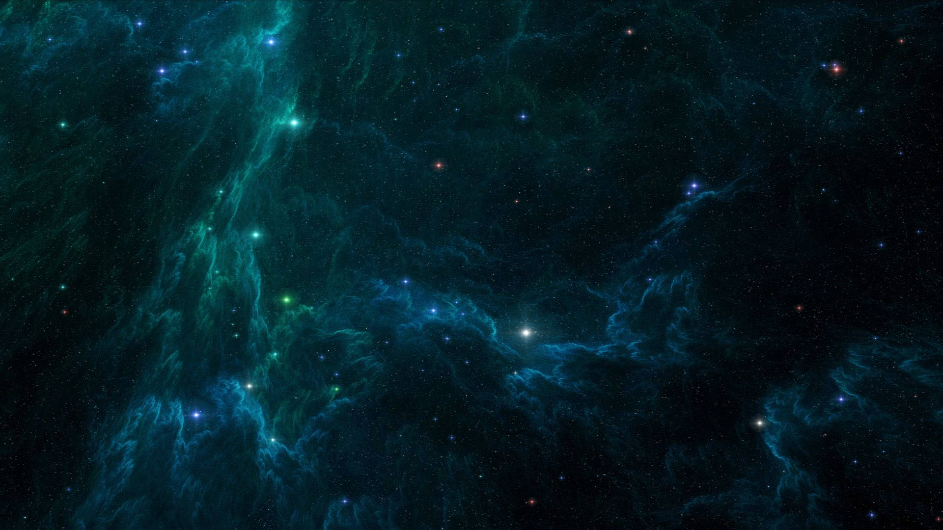 充滿活力的藍綠色和藍色星雲在佈滿星辰的宇宙空間中旋轉。