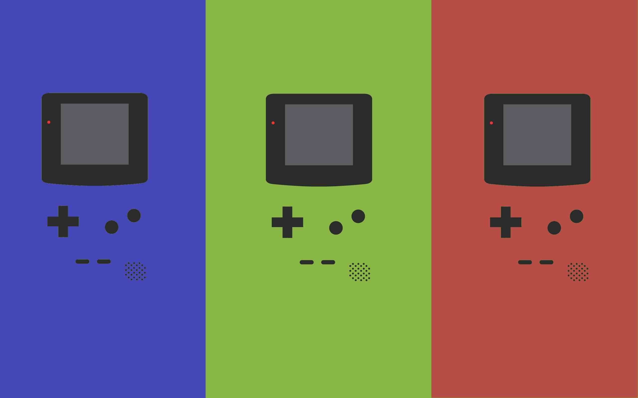 藍綠紅三色Game Boy Color藝術 壁紙 — 三個相同的 Game Boy 圖示正面朝向大膽的藍色、綠色和紅色垂直條紋。