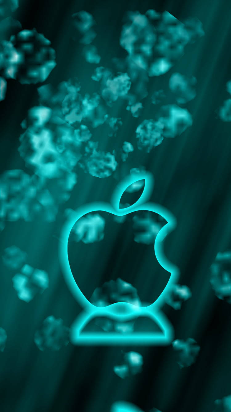 霓虹Apple標誌在水下發光，帶有漂浮粒子。
