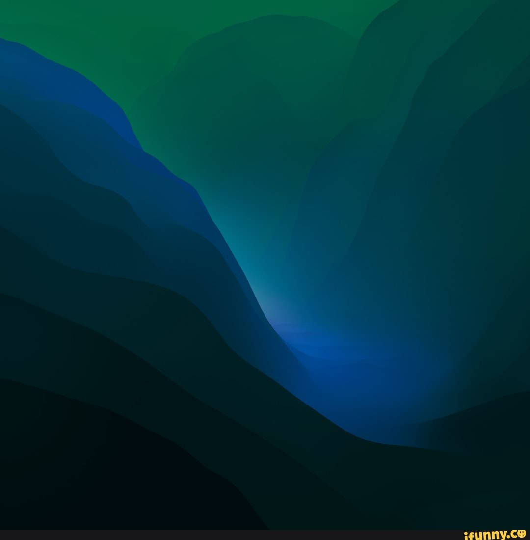 藍綠色 macOS Monterey 壁紙 — 抽象數位藝術作品，呈現流動的藍色和綠色山形，帶有柔和漸變和發光的山谷中心。