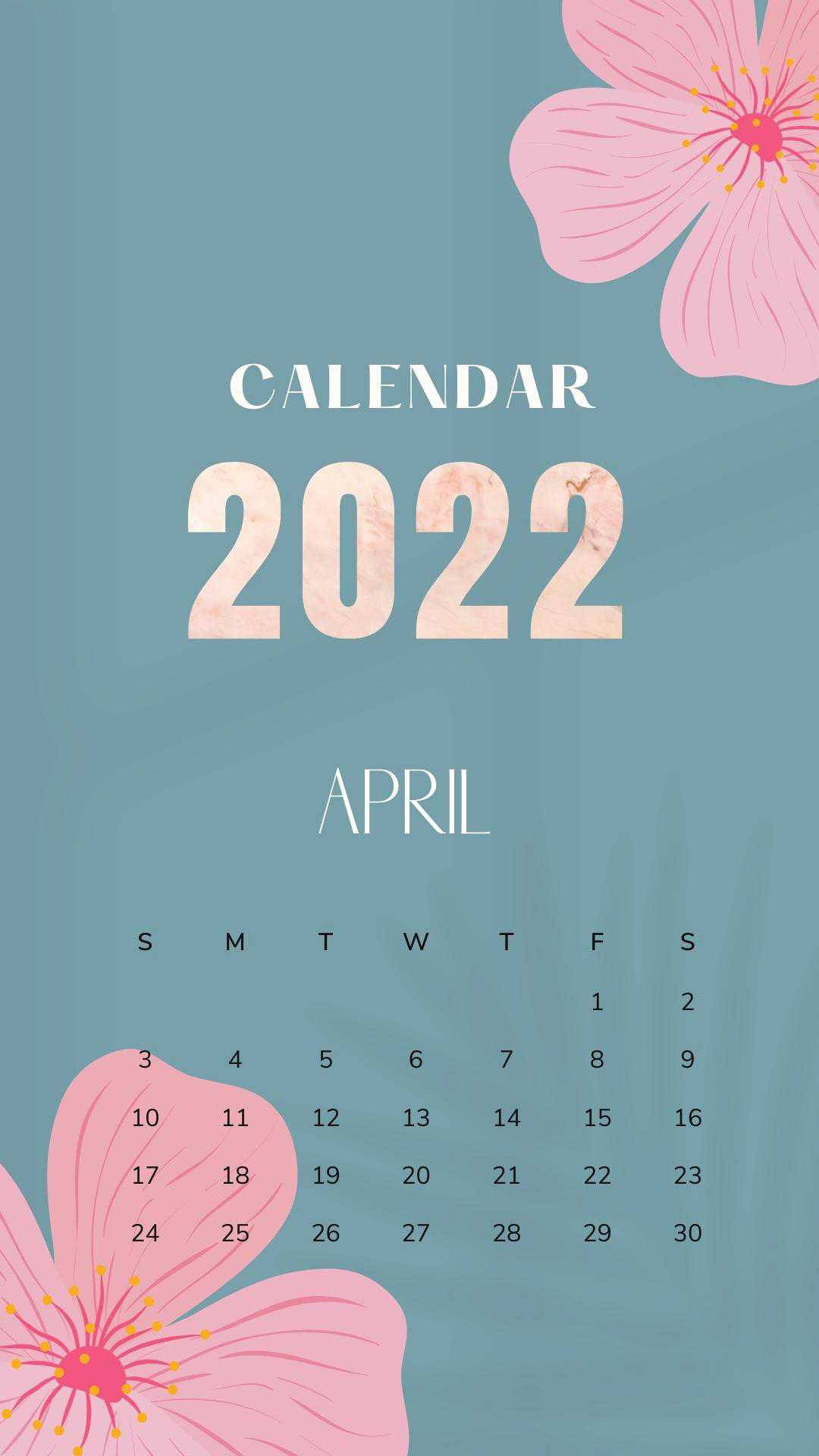2022年4月日曆，粉紅色櫻花在青綠色背景上。