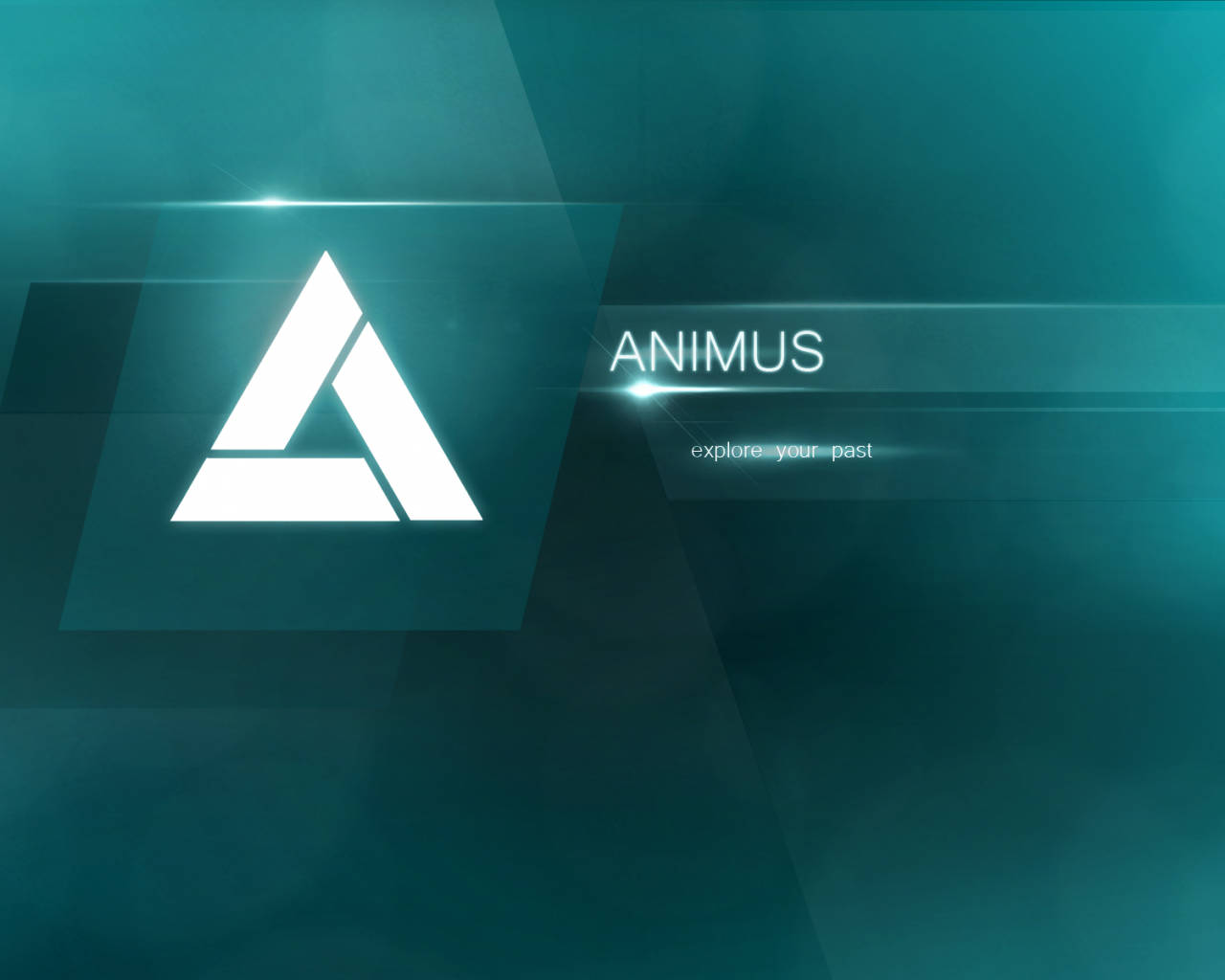 藍綠色背景字母A標誌 壁紙 — 一個發光的白色三角形標誌和「ANIMUS」文字漂浮在帶有鏡頭光暈的青色漸變背景上。