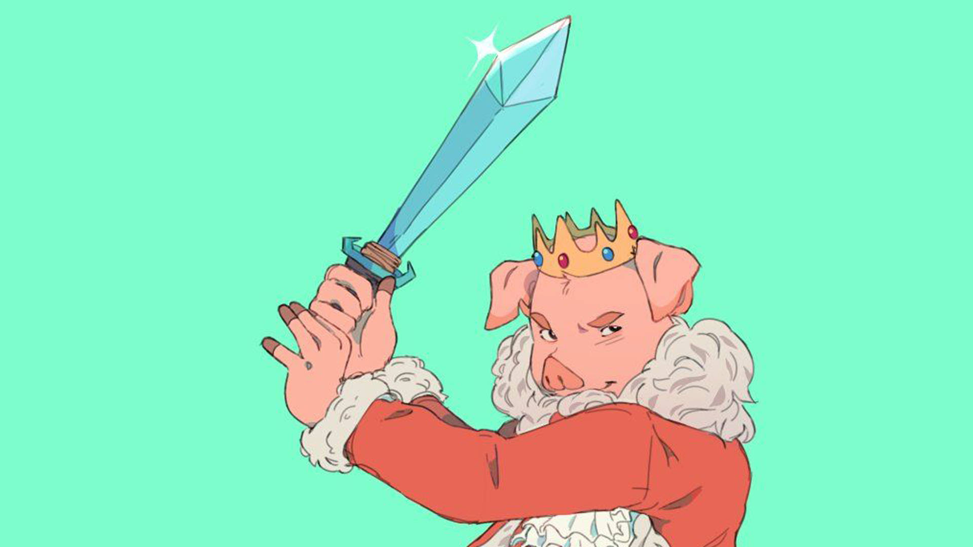 一隻戴著皇冠和紅色長袍的卡通豬手持發光的藍色劍。 — Technoblade GIF 壁紙