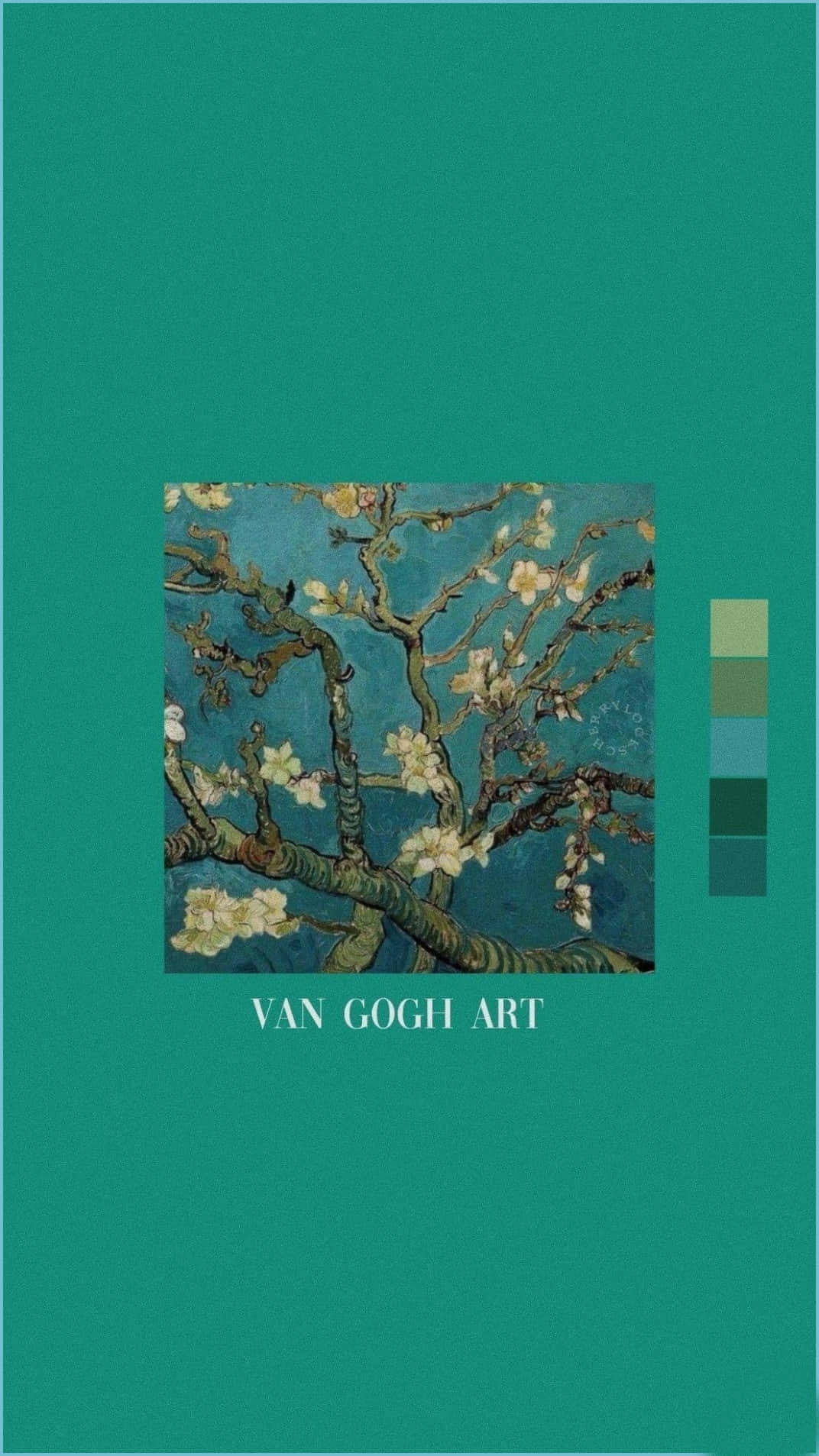 藍綠色調梵高藝術 壁紙 — Van Gogh 的杏仁花畫作，以青綠色背景、色板及文字框住。