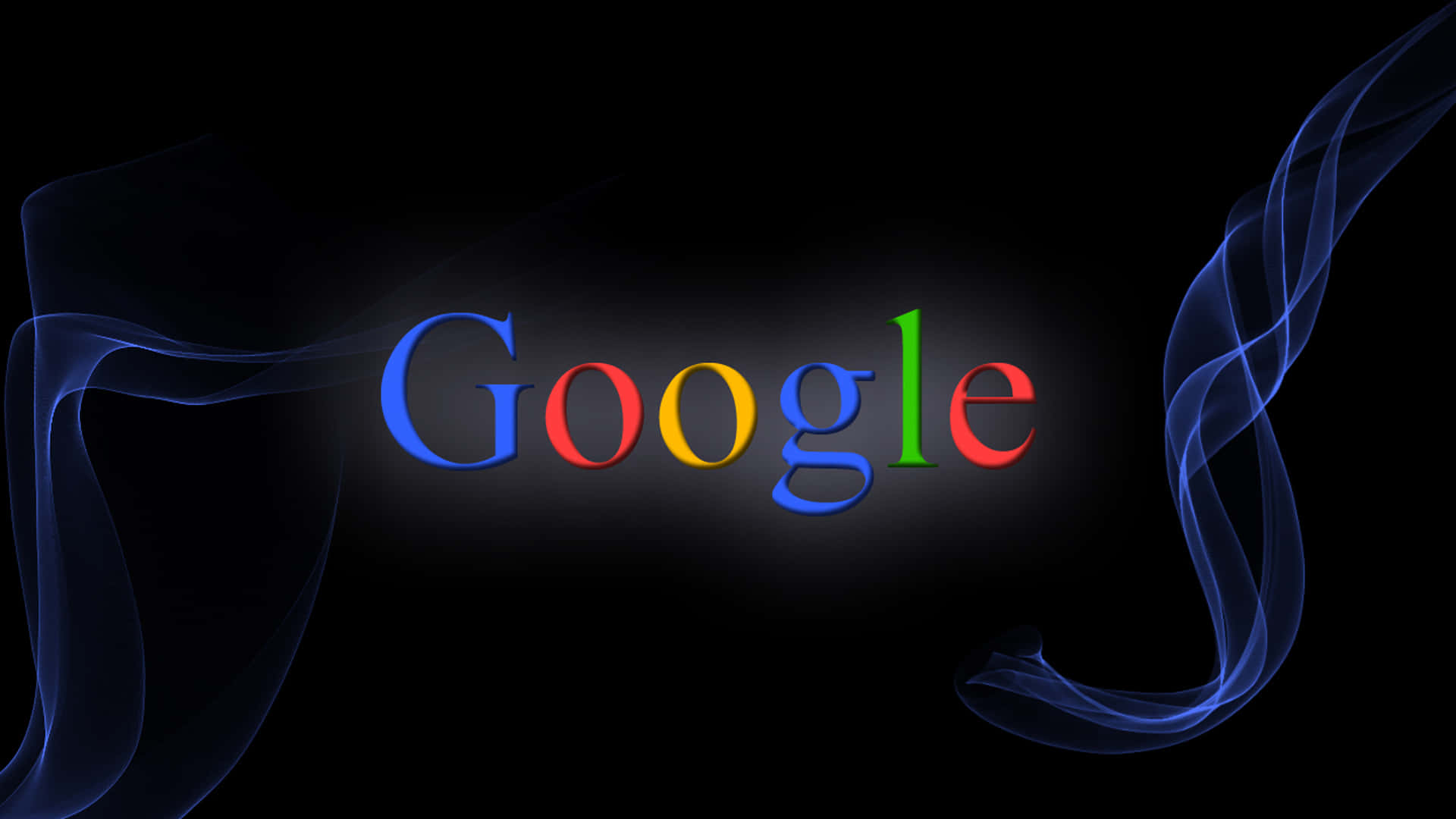 藍綠色調的 Google 標誌 壁紙 — Google 標誌以鮮豔色彩置於黑色背景中央，兩側有發光的藍色煙霧漩渦。