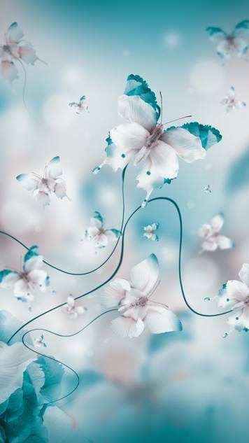 蝴蝶和花朵漂浮在柔和的藍色夢幻場景中。 — 唯美蝴蝶動圖 壁紙