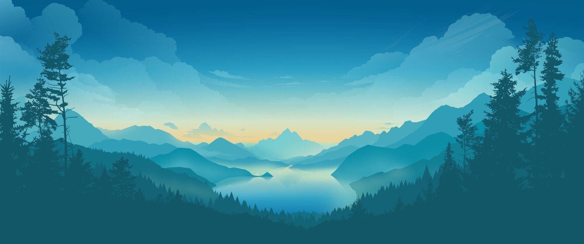 剪影樹木框住一個寧靜的湖泊，周圍是日出時分層層疊疊的山脈。