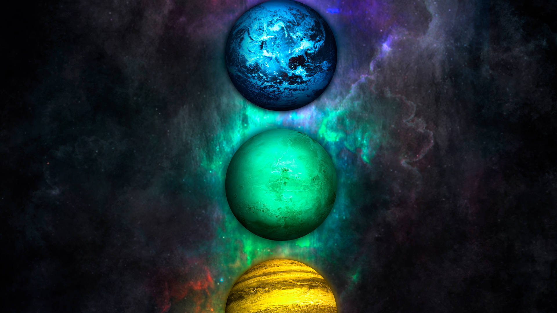 三顆彩色行星在宇宙星雲中垂直排列。