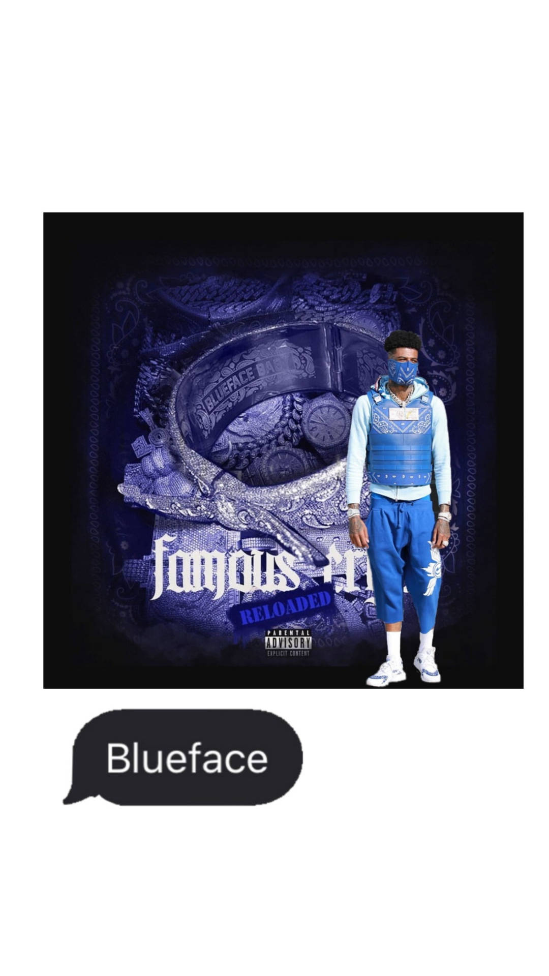 Blueface 穿著藍色服裝和面罩在專輯封面上，背景華麗並有文字。