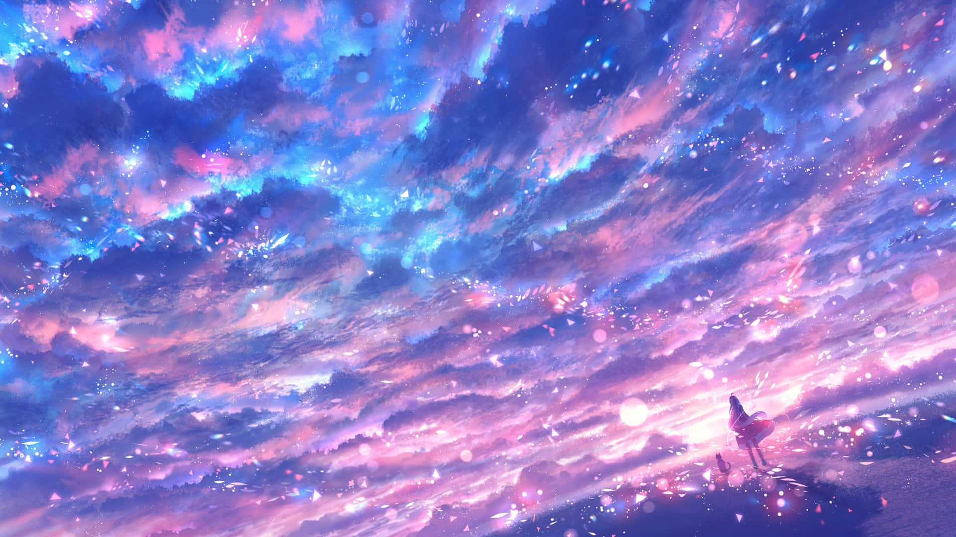 藍與粉紅多雲天空背景 壁紙 — 一個孤獨的身影站在懸崖上，下方是超現實的天空，閃爍的粉紅色和藍色雲朵散佈著閃閃發光的粒子。
