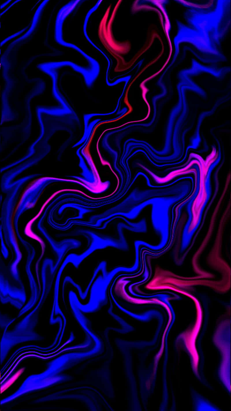 藍與粉紅液態抽象背景 壁紙 — 充滿活力的霓虹藍色和粉紅色液體漩渦在深黑色背景上動態流動。