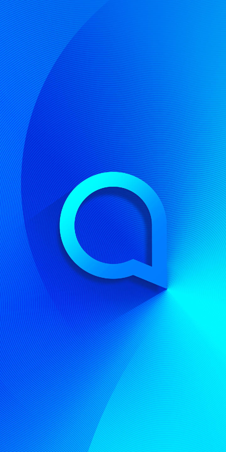 藍色 Alcatel 標誌 壁紙 — 一個發光的藍色字母Q漂浮在帶有同心圓線的漸變藍色背景上。
