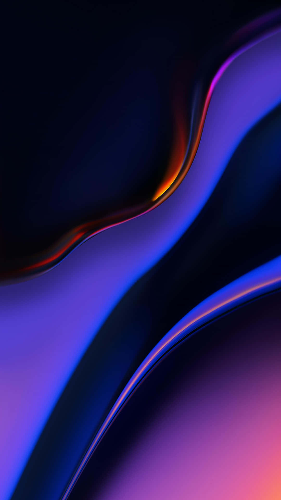 藍色、紫色和橙色的光澤抽象波浪在深色背景上發光。